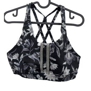 OLD NAVY ACTIVE Sports Bra Women M Black Gray Floral Back Cross Straps Gym Yoga